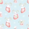 Watercolor and digital graphic seamless pattern with snowflakes and Christmas mice Royalty Free Stock Photo