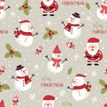 Christmas seamless pattern with snowman background, Winter pattern with holly berries, wrapping paper, pattern fills, winter