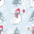 Christmas seamless pattern with snowman,birds, fir trees and snowflakes. Winter greetings, Christmas and New Year greeting cards