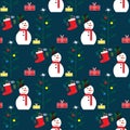 Christmas seamless pattern with snowman, Christmas tree and socks with gifts