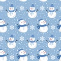 Christmas seamless pattern with snowman on cool background, Winter pattern with snowflakes, wrapping paper, pattern fills