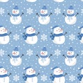 Christmas seamless pattern with snowman on cool background, Winter pattern with snowflakes, wrapping paper, pattern fills