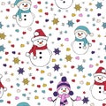Christmas seamless pattern with snowman, fir trees and snowflakes. Perfect for wallpaper, wrapping paper, pattern fills
