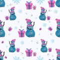 Christmas seamless pattern with snowman presents and snowflakes marker illustration. For printing on paper, fabrics Royalty Free Stock Photo