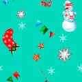 Christmas seamless pattern snowman, Christmas red sock, bright garland, snowflakes, stars, flags. Hand drawn watercolor. Royalty Free Stock Photo