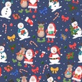 Christmas seamless pattern with snowman, reindeer and Santa Claus