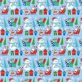 Christmas seamless pattern with snowman, santa, sleigh and gifts Royalty Free Stock Photo