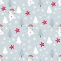 Christmas seamless pattern with snowman, christmas trees and stars a bright grey background for New Year, Christmas holiday,