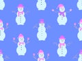 Christmas seamless pattern with snowmen made from three snowballs. A snowman with a carrot instead of a nose, wearing a scarf and