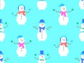 Christmas seamless pattern with snowmen made from three snowballs. A snowman with a carrot instead of a nose, wearing a scarf and