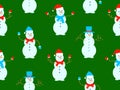 Christmas seamless pattern with snowmen made from three snowballs. A snowman with a carrot instead of a nose, wearing a scarf and