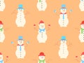 Christmas seamless pattern with snowmen made from three snowballs. A snowman with a carrot instead of a nose, wearing a scarf and