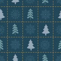 Christmas seamless pattern with spruce tree and snowflakes on dark green backdrop