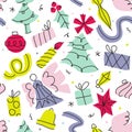 Christmas seamless pattern with stylish hand drawn elements like Christmas tree, angel, gift, candle and Christmas ball