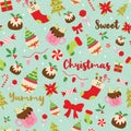 Christmas seamless pattern with sweet desserts and lettering