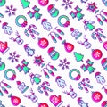 Christmas seamless pattern with thin line icons: Santa Claus, snowflake, reindeer, wreath, bells, candy cane, polar bear in hat, Royalty Free Stock Photo
