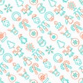 Christmas seamless pattern with thin line icons: Santa Claus, snowflake, reindeer, wreath, decoration, candy cane, polar bear in Royalty Free Stock Photo