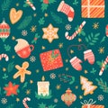 Christmas seamless pattern. Traditional xmas attributes, christmas tree toys, gingerbread, presents for cards and