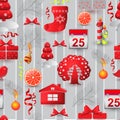 Christmas seamless pattern with tree, house, bird, gift, sock. Royalty Free Stock Photo