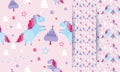 Christmas seamless pattern with unicorns, fir trees,balls, stars on pink background. Holiday template with Christmas unicorn and