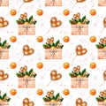 Christmas seamless pattern with watercolor craft gift boxes,gingerbreads,oranges and red drops.On white background. Royalty Free Stock Photo