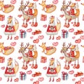 Christmas seamless pattern with watercolor foxes