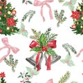 Christmas seamless pattern. Watercolor hand painted festive fir tree and vintage bells swag on white background. Festive holiday Royalty Free Stock Photo