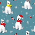 Christmas seamless pattern with white polar bear in scarf, snowflakes and bullfinch bird on cold blue backgrouns. Abstract winter