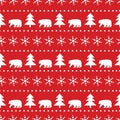 Christmas seamless pattern. White snowflakes, bear and fir-tree on the red background Royalty Free Stock Photo