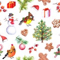 Christmas seamless pattern - winter birds, gingerbread cookies, snowman, gift box, candy cane, christmas tree branches Royalty Free Stock Photo