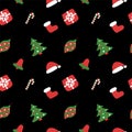Christmas seamless pattern. Winter holiday wallpaper. Dark texture for the New Year. Santa Claus cap, tree, bag, gift, stick, bell Royalty Free Stock Photo