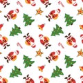 Christmas seamless pattern. Winter holiday wallpaper. Dark texture for the New Year. Santa Claus cap, tree, bag, gift, stick, bell Royalty Free Stock Photo