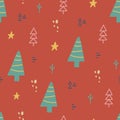 Christmas seamless pattern with xmas tree, stars. Hand drawn unique texture for greeting card. Winter Holiday design Royalty Free Stock Photo