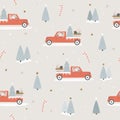 Christmas seamless patterns with winter forest scene, holiday trucks, gifts, fir trees