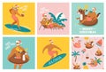 Christmas seamless set of card and pattern with cute funny Santa Claus animals with reindeer and flamingo inflatable