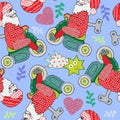 Christmas seamless theme, Vector Santa and motorbike, handmade illustration, pattern wrapping paper, Winter cute picture