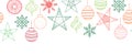 Christmas seamless vector border green red ornaments on white background. Line art doodle holiday baubles repeating pattern