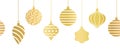 Christmas seamless vector border metallic golden. Repeating horizontal hanging Christmas ornaments pattern. Holiday bauble garland