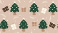 christmas seamless vector pattern background illustration with green christmas trees, gift boxes, fir branches and snowflakes Royalty Free Stock Photo