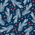 Christmas seamless vector pattern. Hand-drawn illustration on a blue background. Spruce branches in the snow Royalty Free Stock Photo