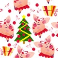 Seamless christmas pattern with piggy girl and present