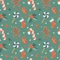 Christmas seamless vector pattern in retro style with gingerbread men, holly leaves, candy canes, gifts. Royalty Free Stock Photo