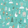 Christmas seamless vector pattern with winter games. Green background