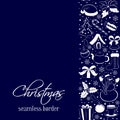 Christmas seamless vertical border. Silhouettes of winter elements and symbols on a dark blue background. Sketch hand drawing styl Royalty Free Stock Photo