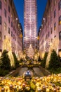 Christmas season decorations at Rockefeller Center Plaza with Christmas tree and holiday lights. Fifth Avenue, New York City Royalty Free Stock Photo