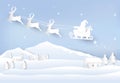 Christmas season Santa and deer paper art background. Winter holiday illustration Royalty Free Stock Photo