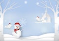 Christmas season with snowman and couple birds winter background