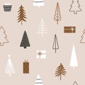 Christmas season vector seamless pattern with fir trees and gift boxes