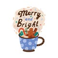 Christmas seasonal card with cup of cacao with marshmallow, gingerbread and cinnamon. Xmas composition with mug of hot