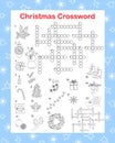 Christmas seasonal crossword activities, word search puzzle, winter holidays vector illustration printable worksheet